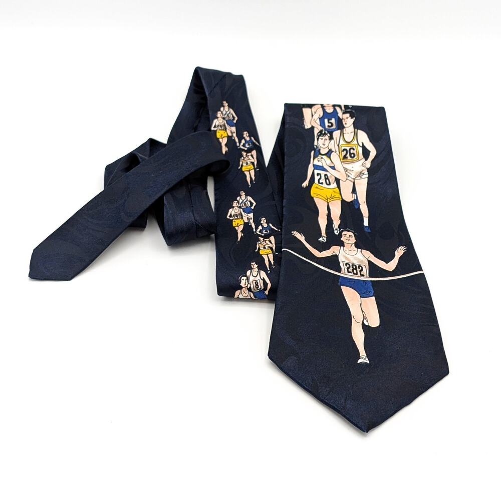 Vintage 90s Steven Harris Marathon Novelty Tie Track and Field Running Navy Blue